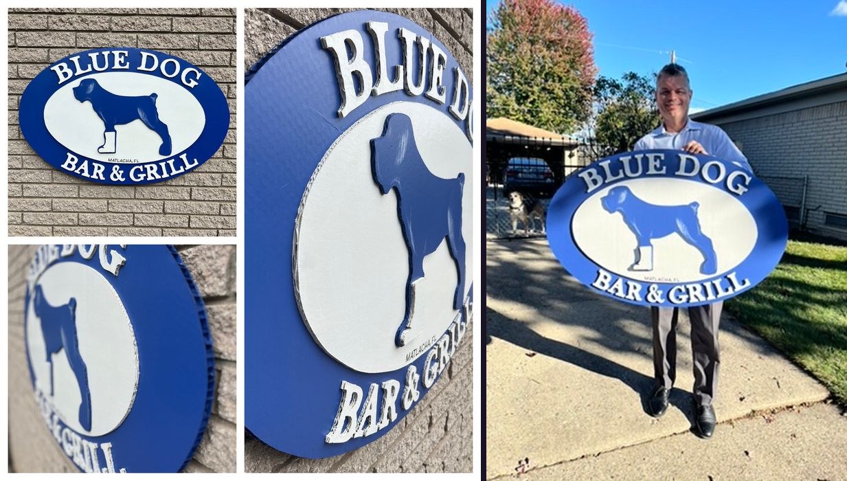 Custom Blue Dog Bar and Grill oval sign cutout, Matlacha FL, in blue and white: collage of front and angled views, and the owner holding the finished sign in a driveway