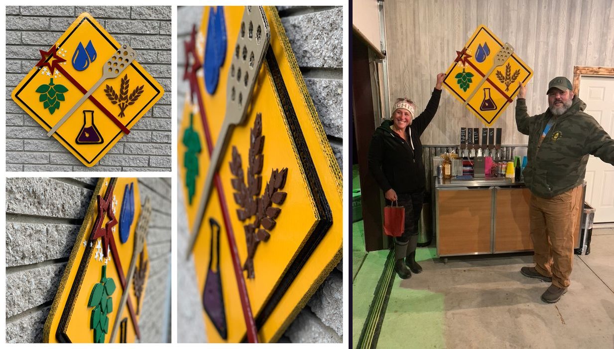 Custom yellow diamond brewery sign with hops, wheat, water drops, flask and a mash paddle: collage of front and angled views on a brick wall, and two brewery owners holding it up beside the taps