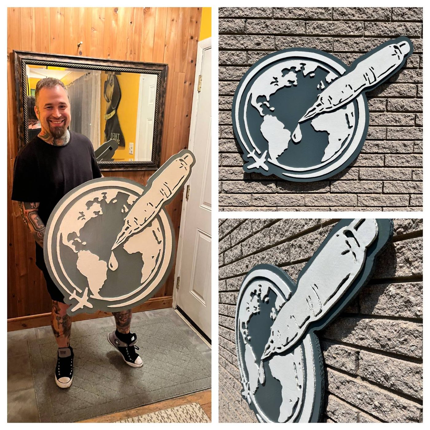 Custom globe and pen logo cutout in slate gray and cream: collage with the owner holding the finished sign, a front view on a brick wall, and an angled close-up of the layers