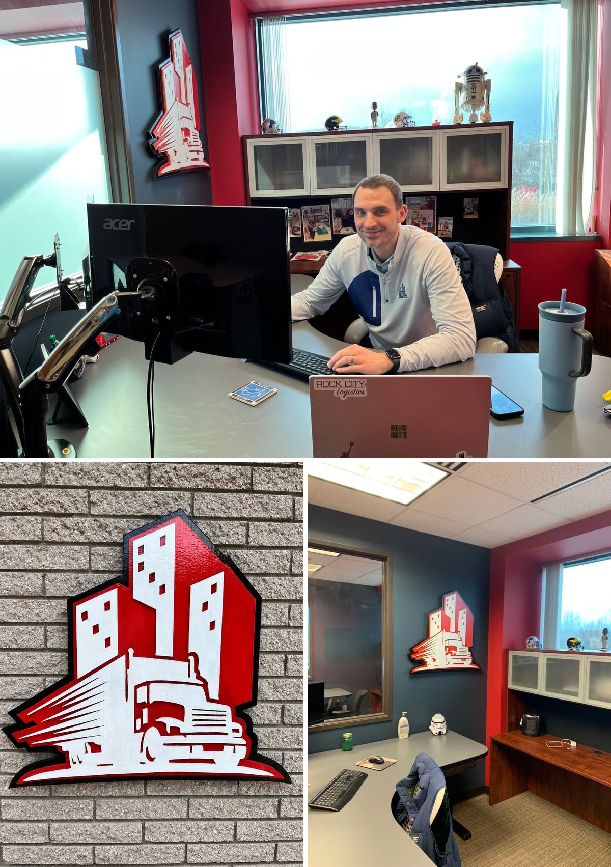 Rock City Logistics logo, a red, white and black semi truck in front of city buildings: the owner at his desk with the sign on the wall behind, the sign on a brick wall, and the sign in his office