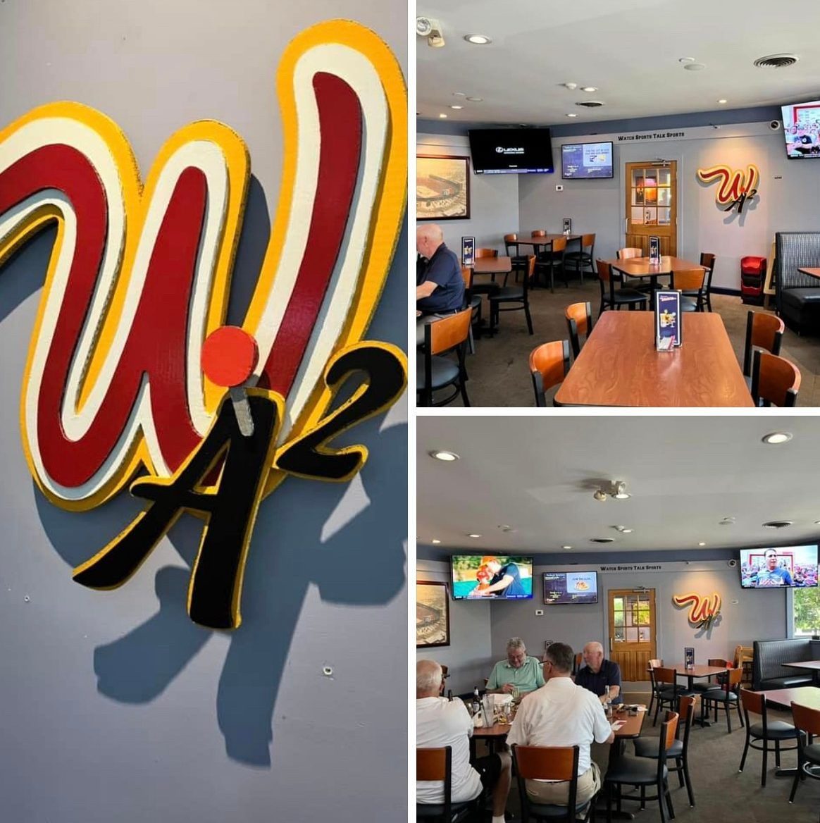 Custom red, white, yellow and black W logo wall sign for The Sports Bar Westside: close-up with shadow and two views of the dining room