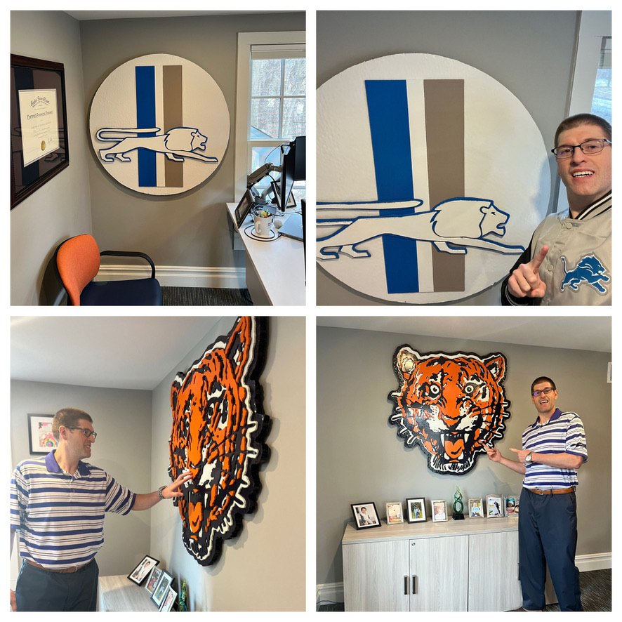 Four views of the retro Lions circle and the Tigers tiger head cutouts in the office, with Matt Bowden pointing out each piece