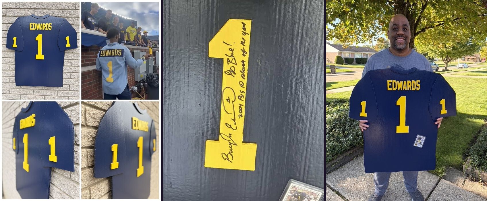 Custom Braylon Edwards number 1 Michigan tribute jersey cutout in a collage with Braylon handing a jersey to fans at Michigan Stadium, the number 1 signed Go Blue by Braylon Edwards, and a customer holding the finished jersey