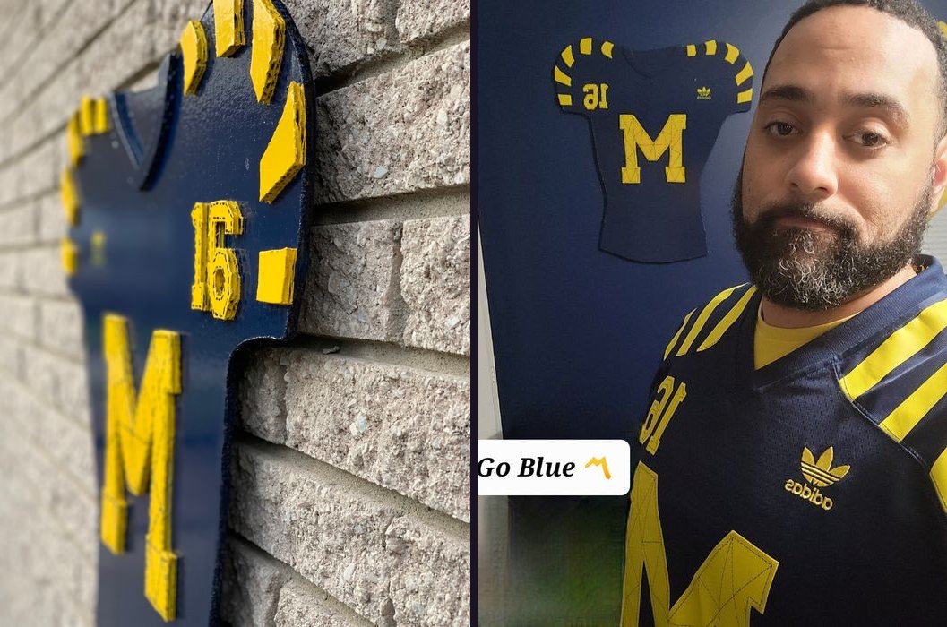 Custom Michigan number 16 tribute jersey cutout, close-up and worn by customer
