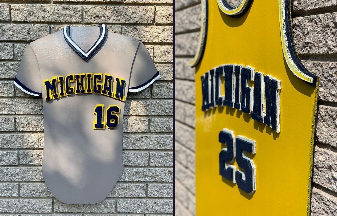 Custom Michigan tribute baseball jersey number 16 and basketball jersey number 25, side by side