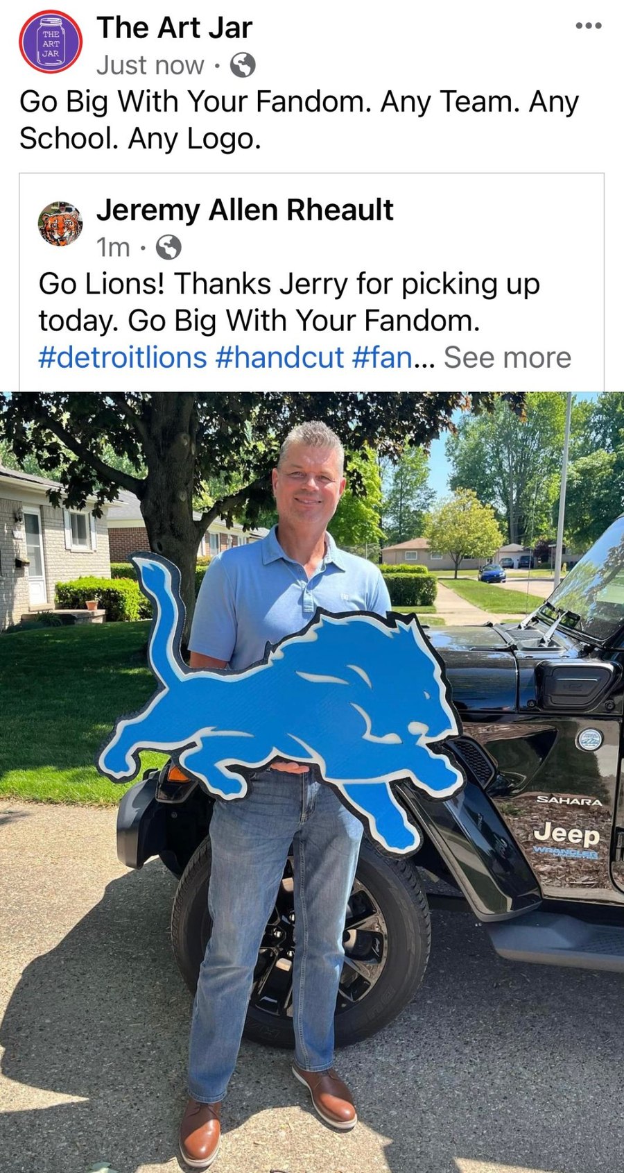 Customer holding a custom Detroit Lions logo cutout at pickup