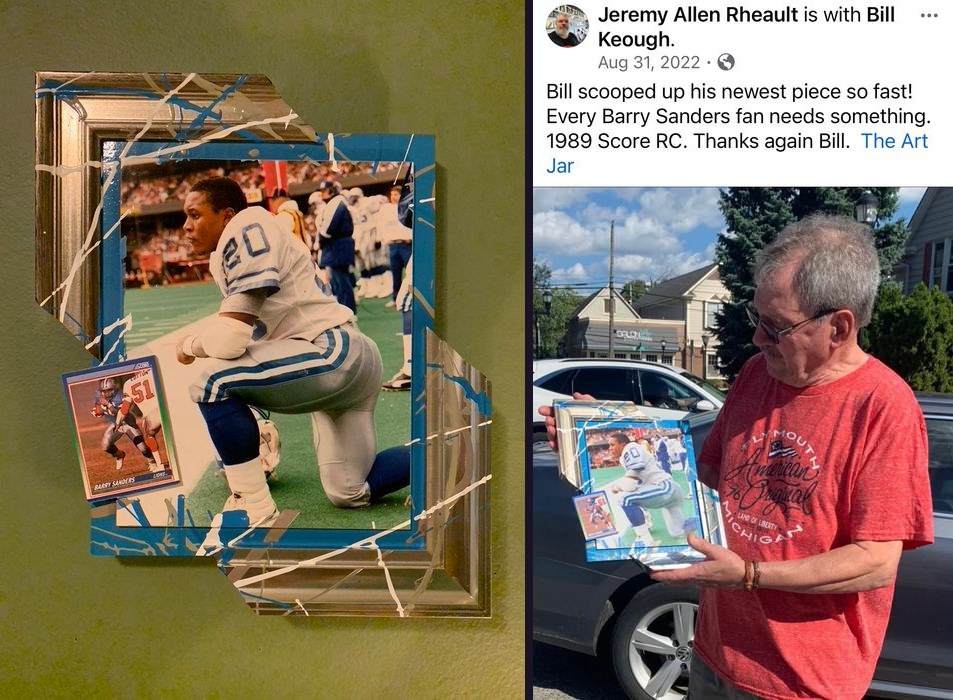 Hand-embellished Barry Sanders Detroit Lions photo with a 1989 Score rookie card in a silver and blue splatter-painted frame, and a customer holding it in a Facebook post