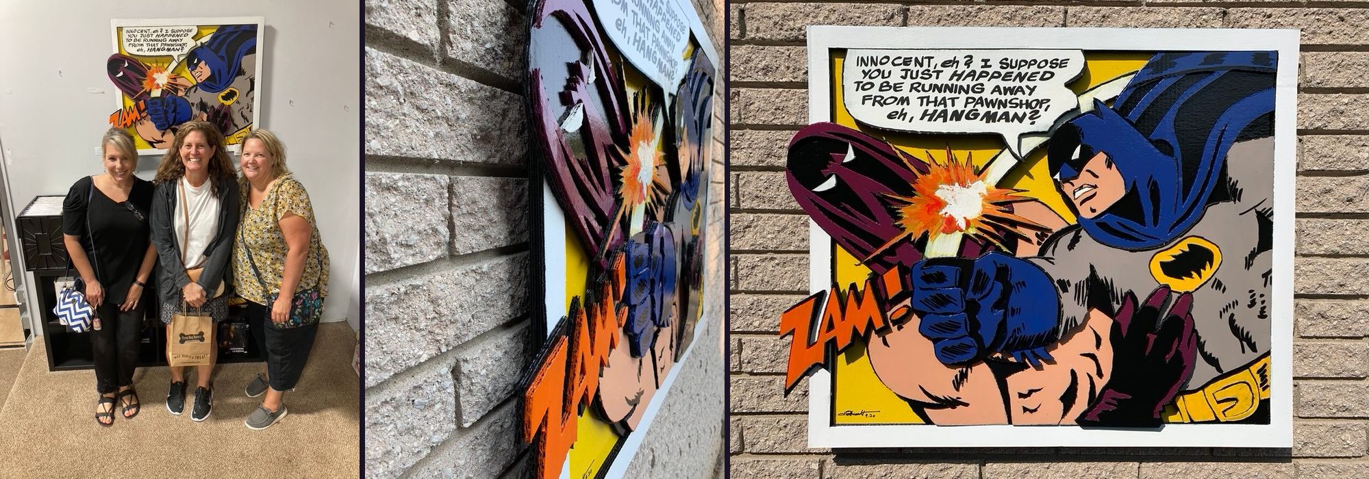 Batman vs. the Hangman, a hand-cut ZAM pop-art comic panel: friends visiting Batman at State of Comics, an angled side view showing the layered depth, and the finished piece on a brick wall