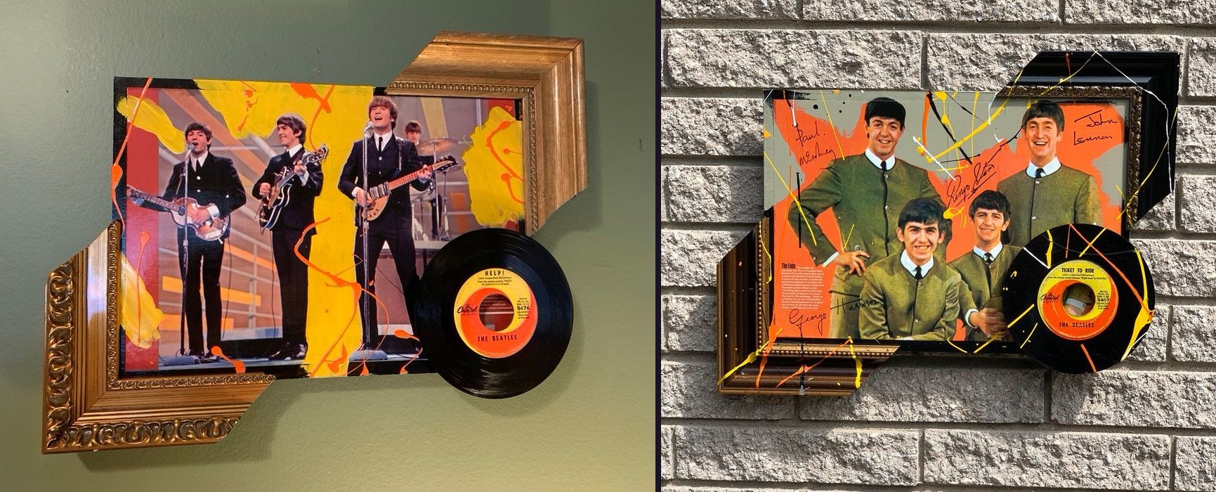 Hand-embellished Beatles pieces: a stage photo with a Help! 45 record in a gold frame, and a group portrait with signatures and a Ticket to Ride 45 record in a black frame