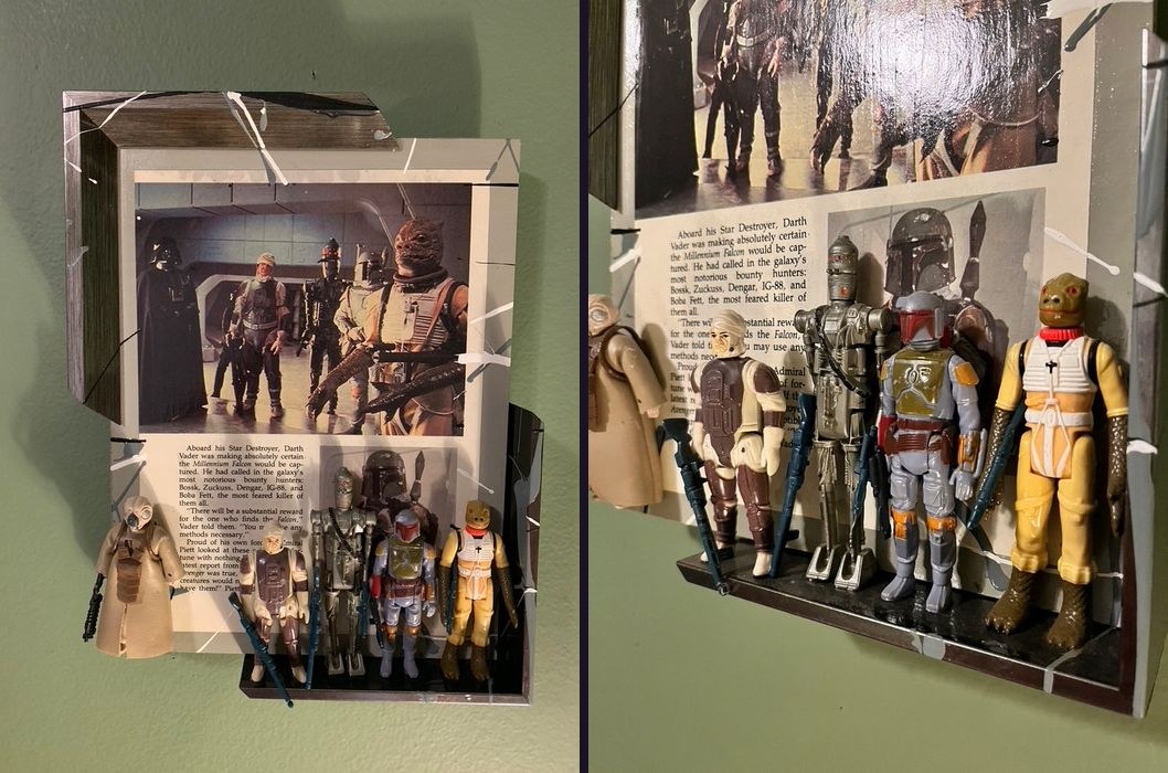Hand-embellished Star Wars storybook bounty hunters piece with vintage Kenner figures of Zuckuss, Dengar, IG-88, Boba Fett and Bossk on a shelf, front and angled views