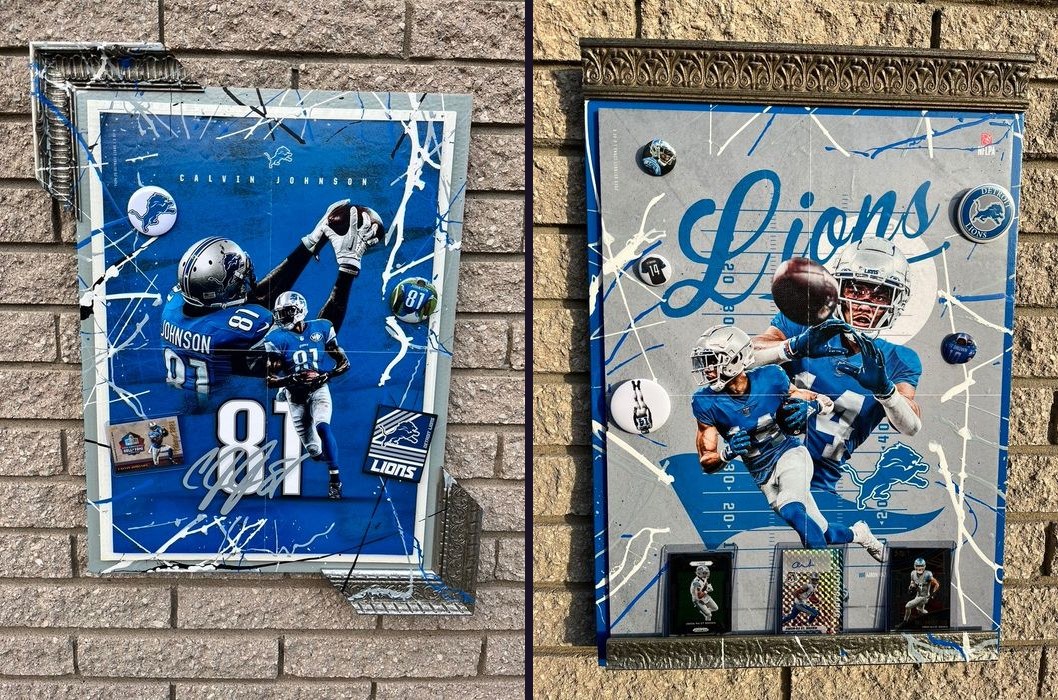 Hand-embellished Detroit Lions Calvin Johnson number 81 poster with a Hall of Fame card and signature, and Amon-Ra St. Brown poster with three trading cards and buttons, on a brick wall