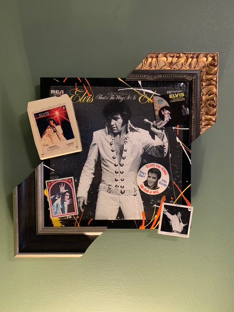 Hand-embellished Elvis That's the Way It Is album with an 8-track, fan club button and trading cards, in a gold and black frame