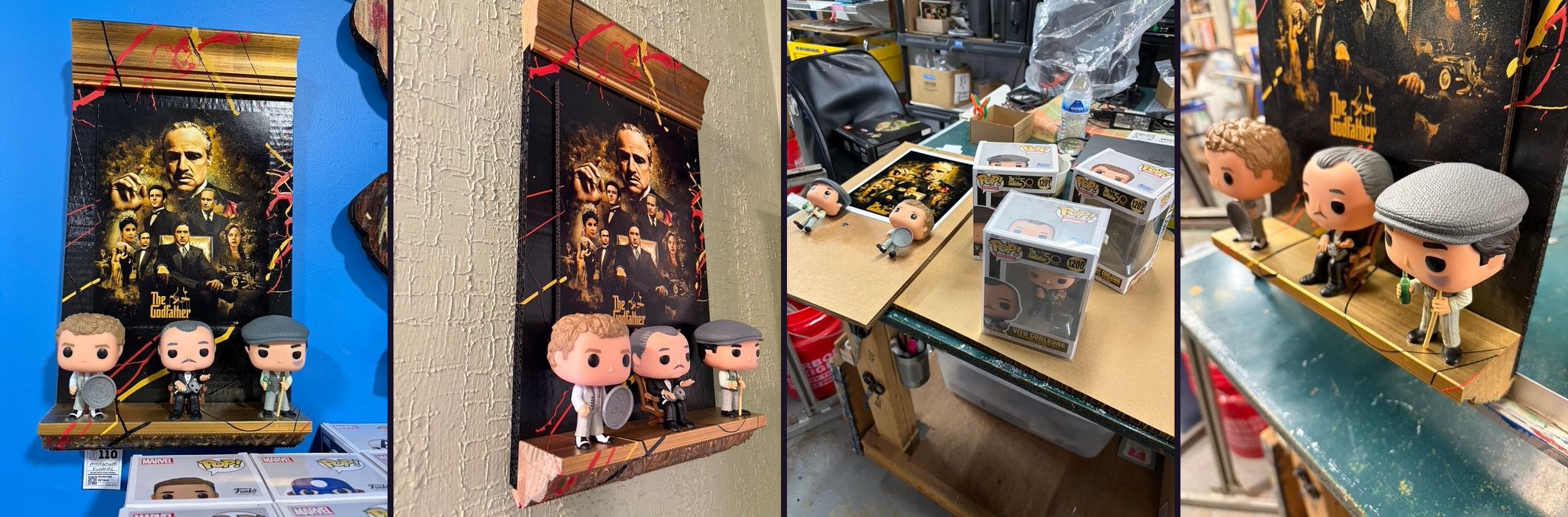 Hand-embellished The Godfather poster shelf with Funko Pop figures, on a shop wall, side view, and in the workshop with Godfather 50th anniversary Funko boxes