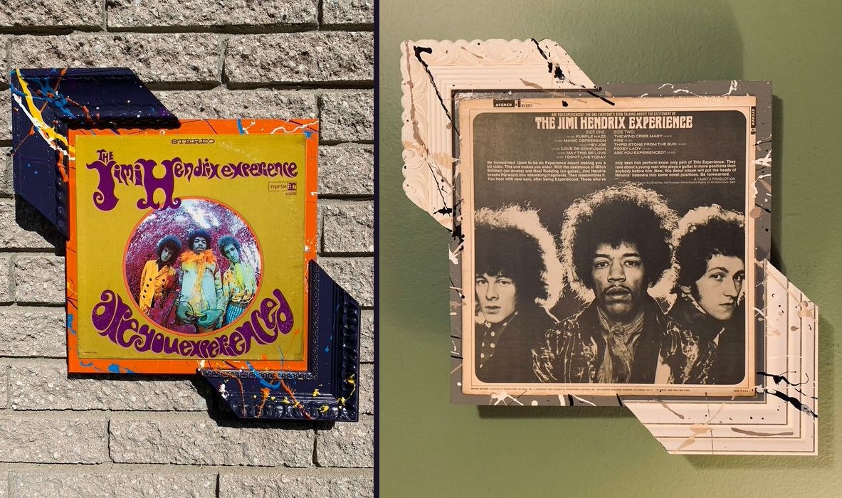 Hand-embellished Jimi Hendrix Experience Are You Experienced album, front cover in an orange and navy frame and back cover in a white ornate frame