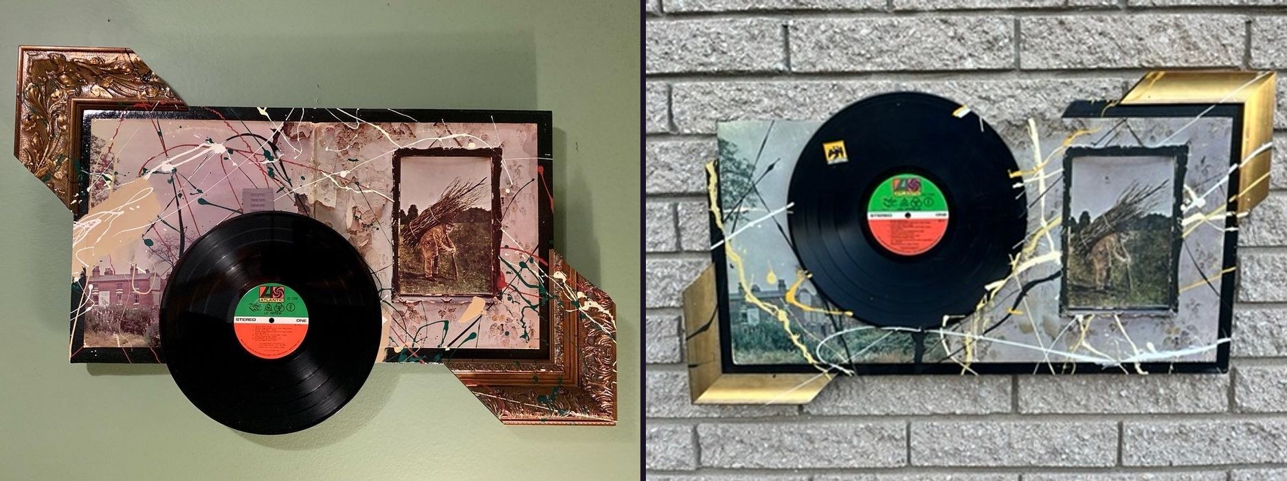 Two hand-embellished Led Zeppelin IV gatefold album pieces with an Atlantic vinyl record, in gold and copper ornate frames with splatter paint