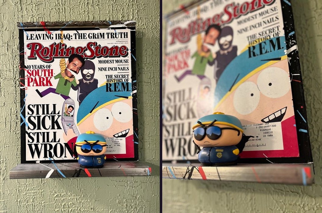 Hand-embellished Rolling Stone South Park cover with a Cartman figure, full view and close-up