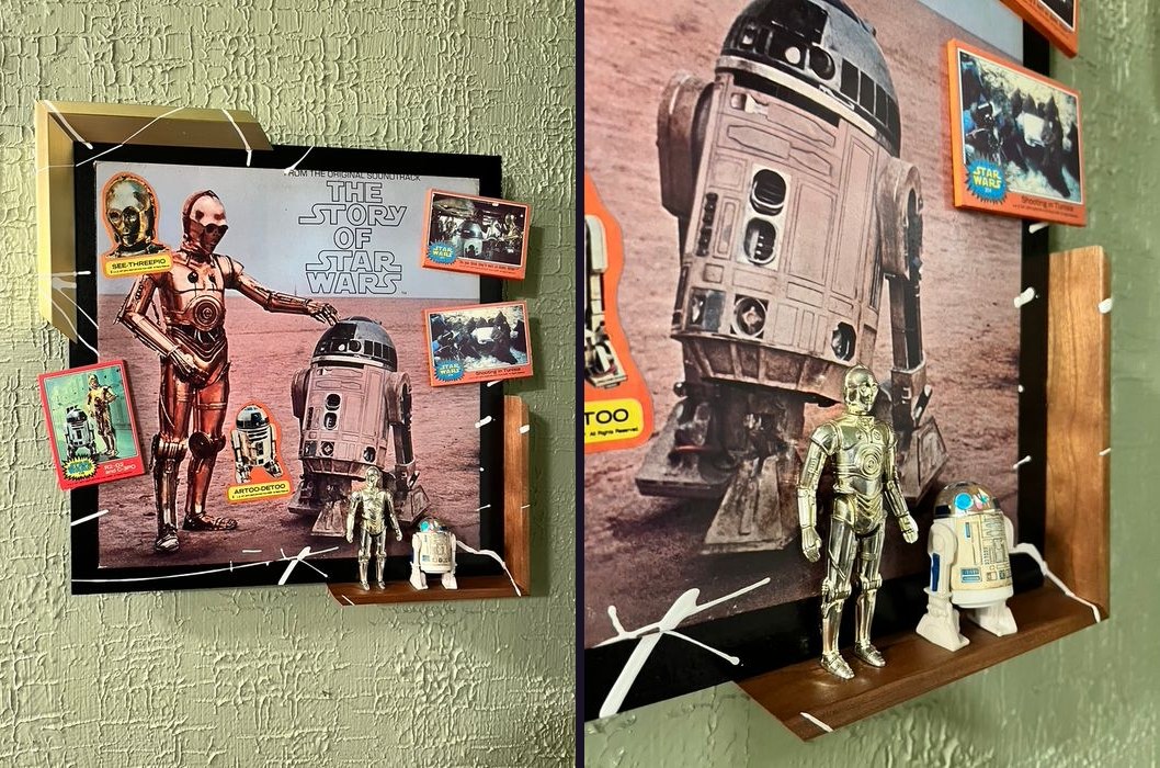 Hand-embellished The Story of Star Wars album cover with C-3PO and R2-D2, trading cards, stickers and vintage Kenner figures on a wooden shelf, front and angled views