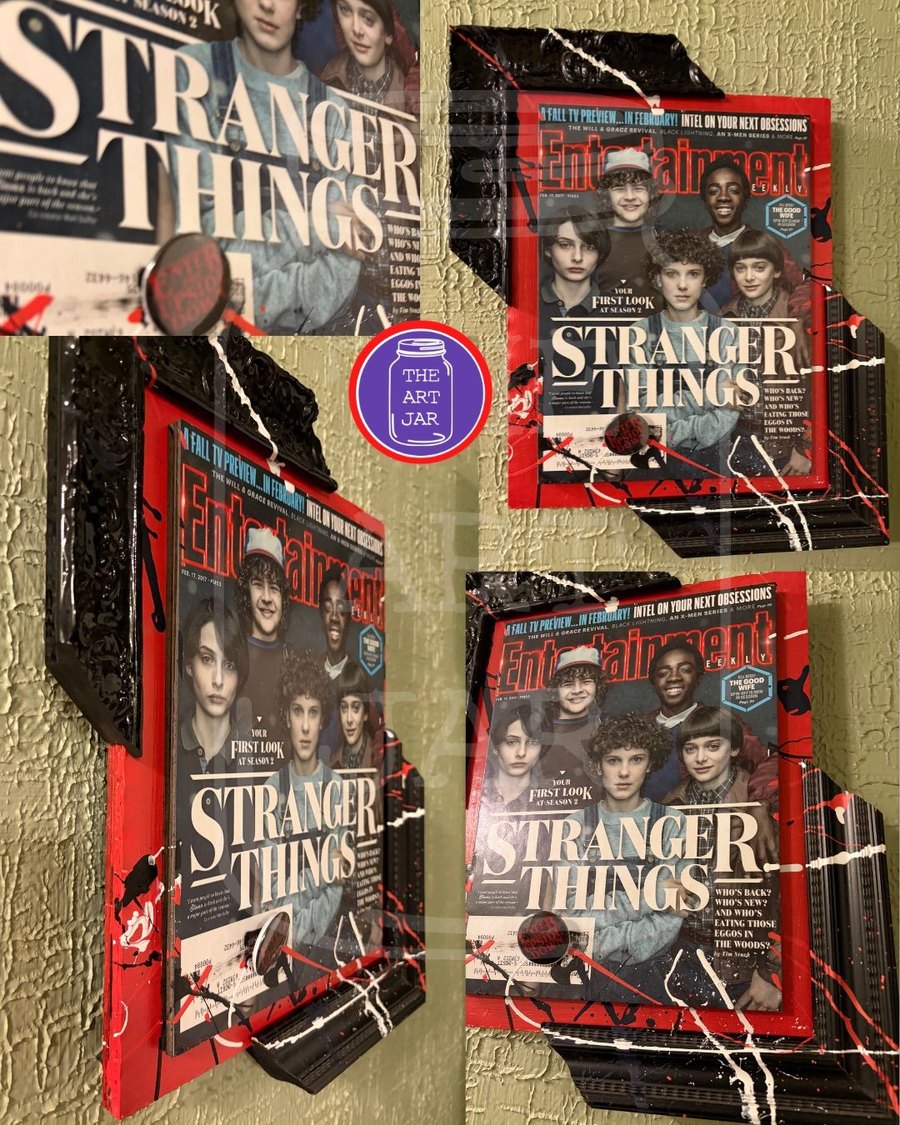 Hand-embellished Stranger Things Entertainment Weekly cover in a red and black splatter-painted frame with a button, close-up and three angles