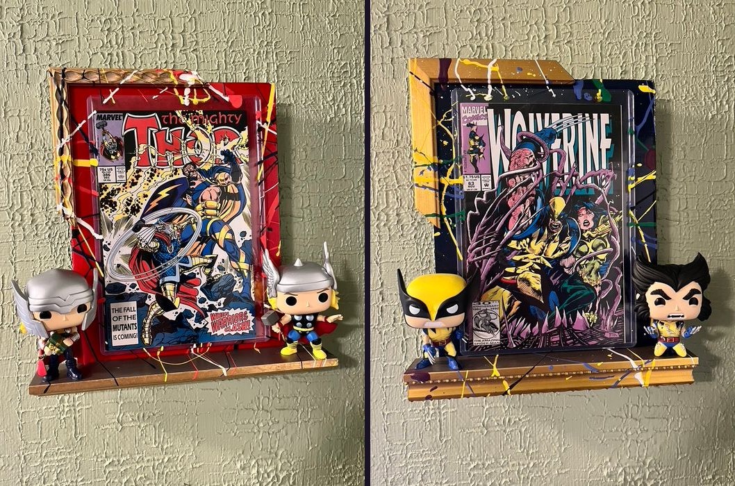 Hand-embellished Mighty Thor and Wolverine comic covers on splatter-painted shelves with Funko Pop figures
