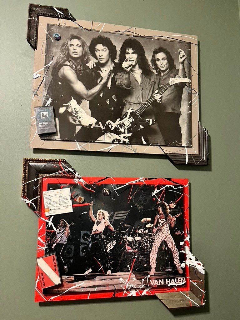 Two hand-embellished Van Halen pieces: a black and white band photo with a cassette, and a live concert poster with a ticket, buttons and a Diver Down card, in splatter-painted frames