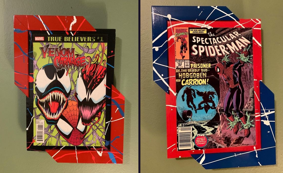Hand-embellished Venom Carnage True Believers and Spectacular Spider-Man comic covers in custom splatter-painted frames