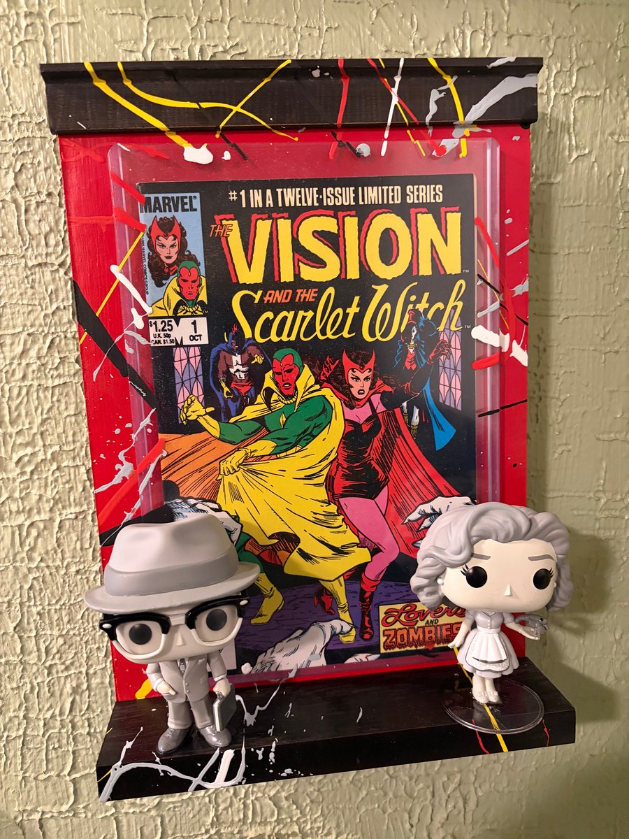 Hand-embellished Vision and the Scarlet Witch comic cover with Funko Pop figures