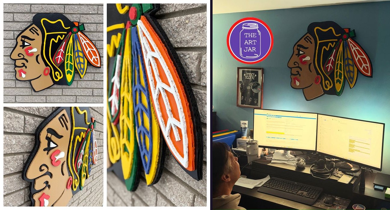 Custom Chicago Blackhawks logo cutout, close-up angles and mounted in office