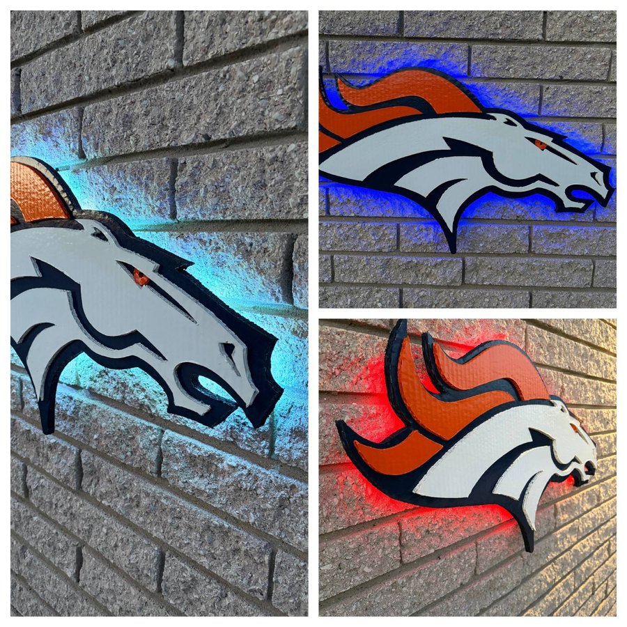 Custom Denver Broncos logo cutout with blue and red LED glow, three angles