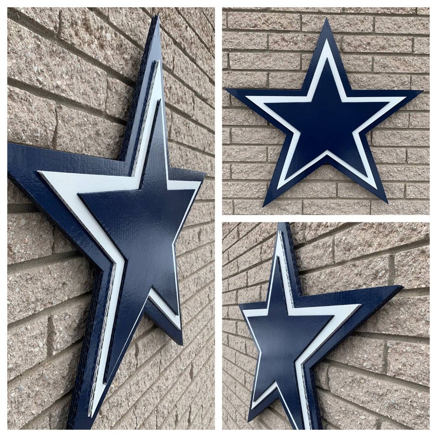 Custom Dallas Cowboys star cutout, three angles on brick wall