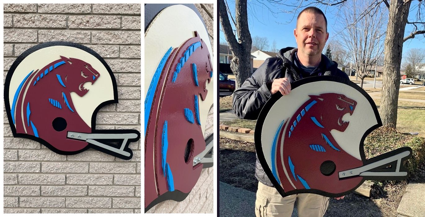 Custom panther football helmet logo cutout, wall mount and held by customer