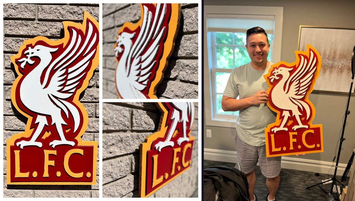 Custom Liverpool FC crest cutout, three angles and held by customer