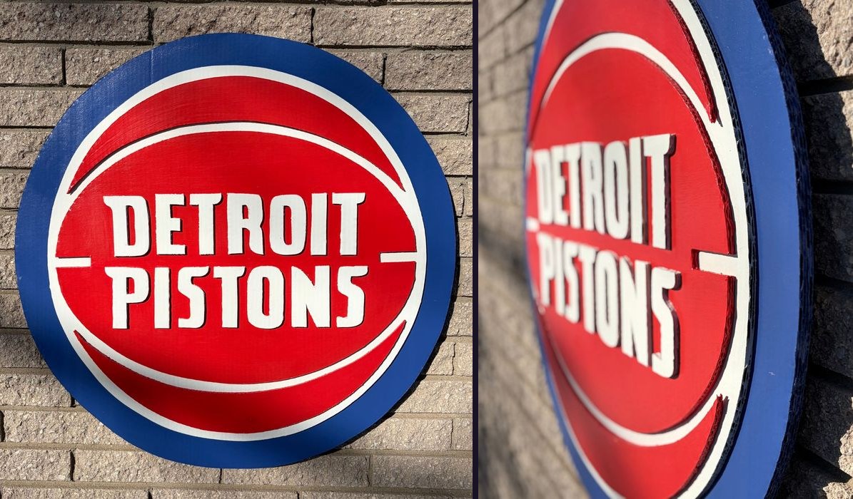 Custom Detroit Pistons logo cutout, front and close-up angles