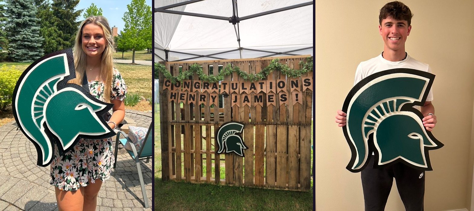 Custom Michigan State Spartan helmet cutouts as graduation gifts: held by a graduate, on a congratulations pallet backdrop, and held by a second graduate
