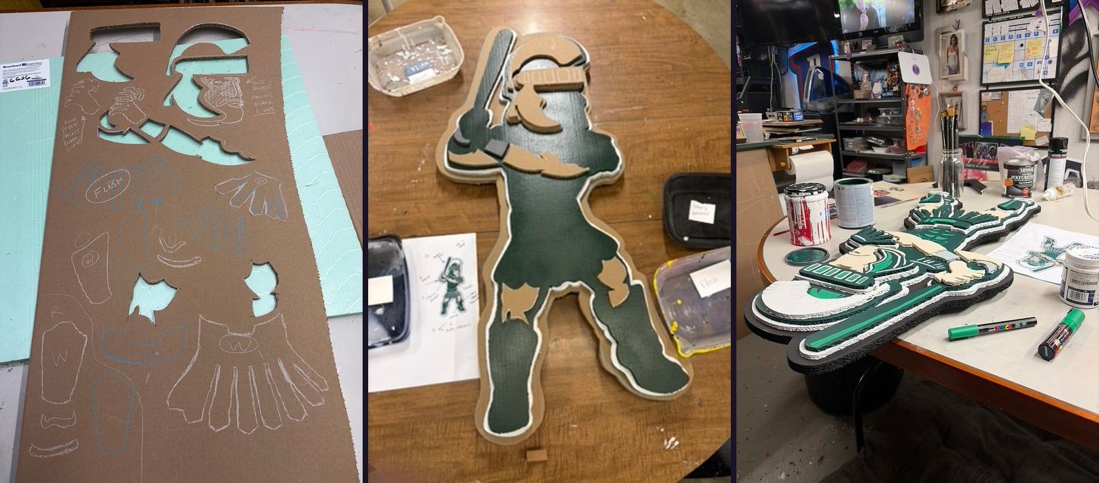 Work in process on the Sparty baseball cutout: the marked-up cardboard template, the layered pieces on the work table, and the painted layers in the workshop