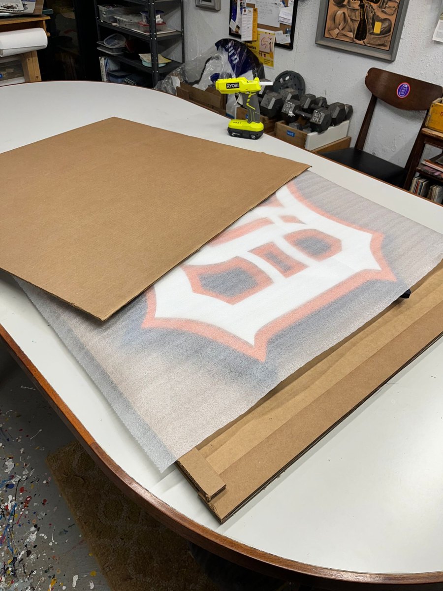 Custom Detroit Tigers Old English D cutout wrapped and packed for shipping in the Art Jar workshop
