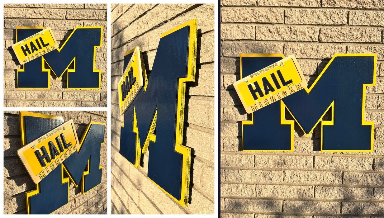 Custom navy Michigan block M cutout with maize trim and a Hail Michigan Wolverines license plate, collage of close-up angles and the full front view on brick