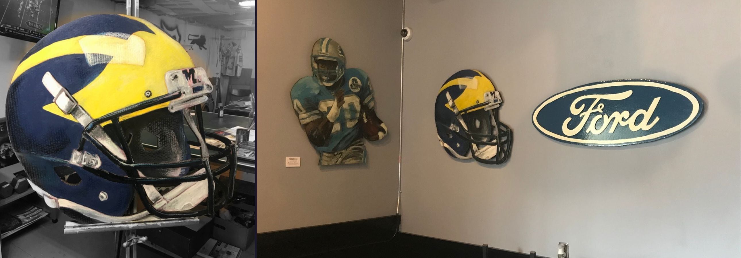 Hand-cut, hand-painted Michigan football helmet in the studio, and hanging on a gray wall beside a Barry Sanders cutout and a Ford logo