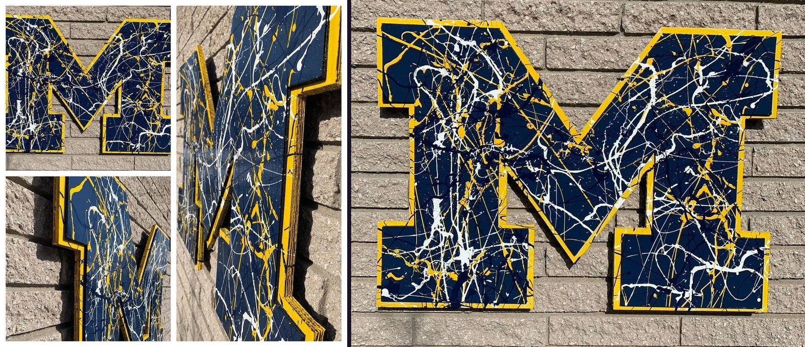 Custom splatter-painted Michigan block M cutout in navy with maize and white paint on a brick wall, collage of close-up angles and the full front view