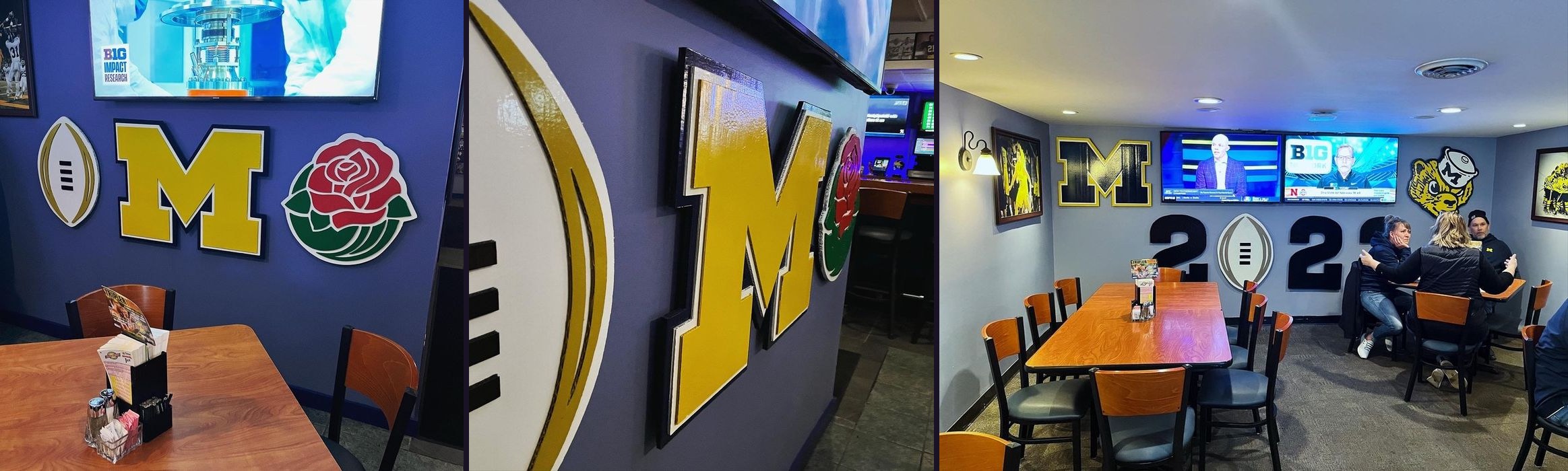 Custom Michigan pieces at The Sports Bar Westside: the block M beside a College Football Playoff football and a Rose Bowl rose, an angled view, and the wide room with the M, 2022 numbers, football and vintage Wolverine mascot