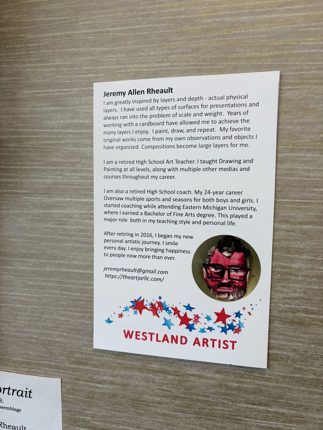 Artist statement card for Jeremy Allen Rheault titled Westland Artist