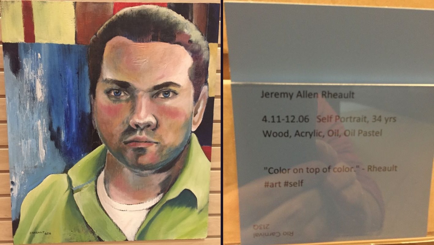 Painted self portrait at age 34 next to its blue paint sample gallery card