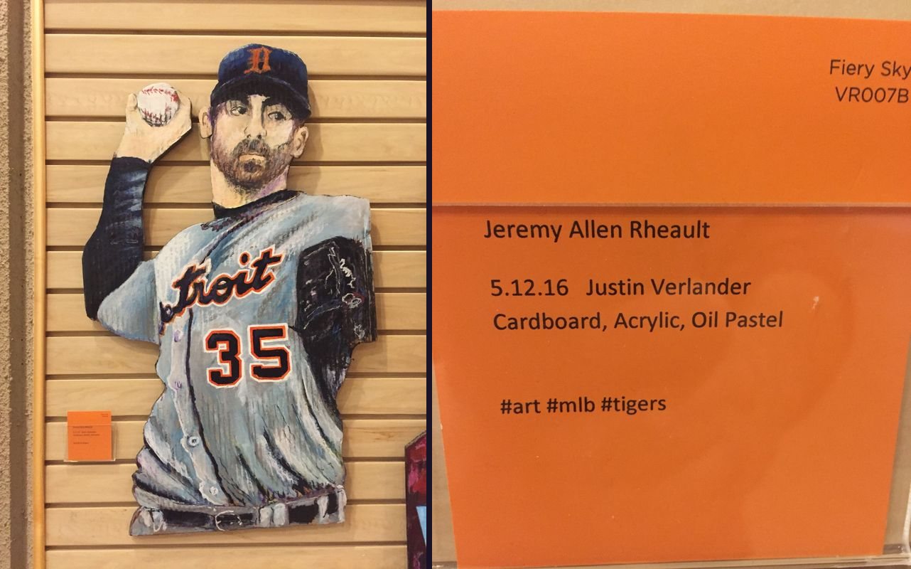 Painted cardboard cutout of Detroit Tigers pitcher Justin Verlander next to its orange gallery card