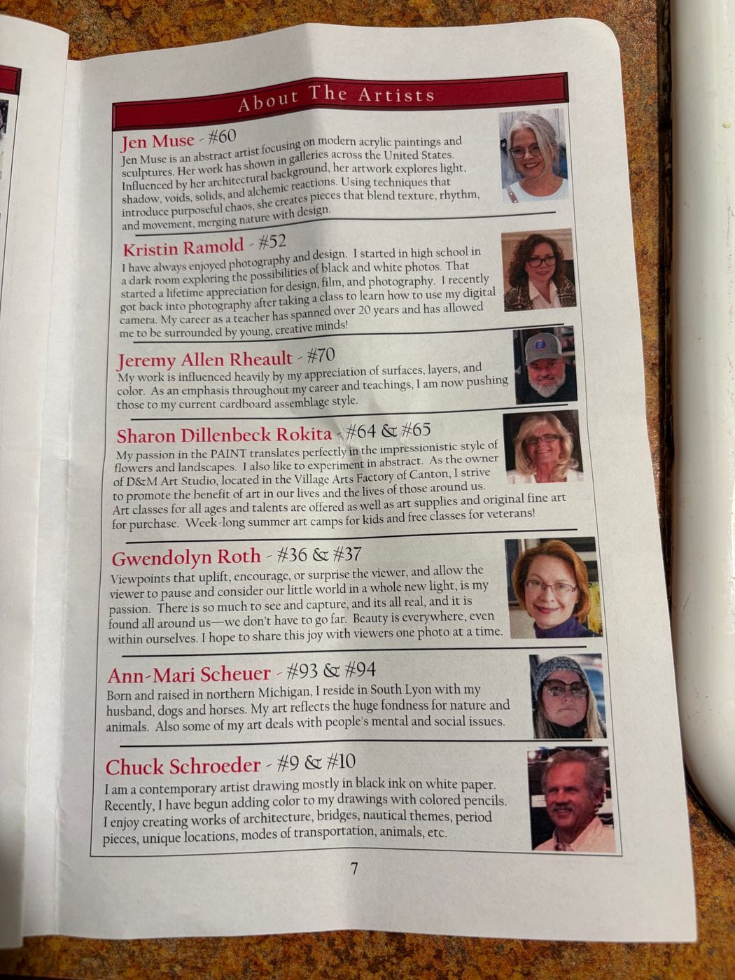 Program page listing the exhibiting artists, including Jeremy Allen Rheault #70