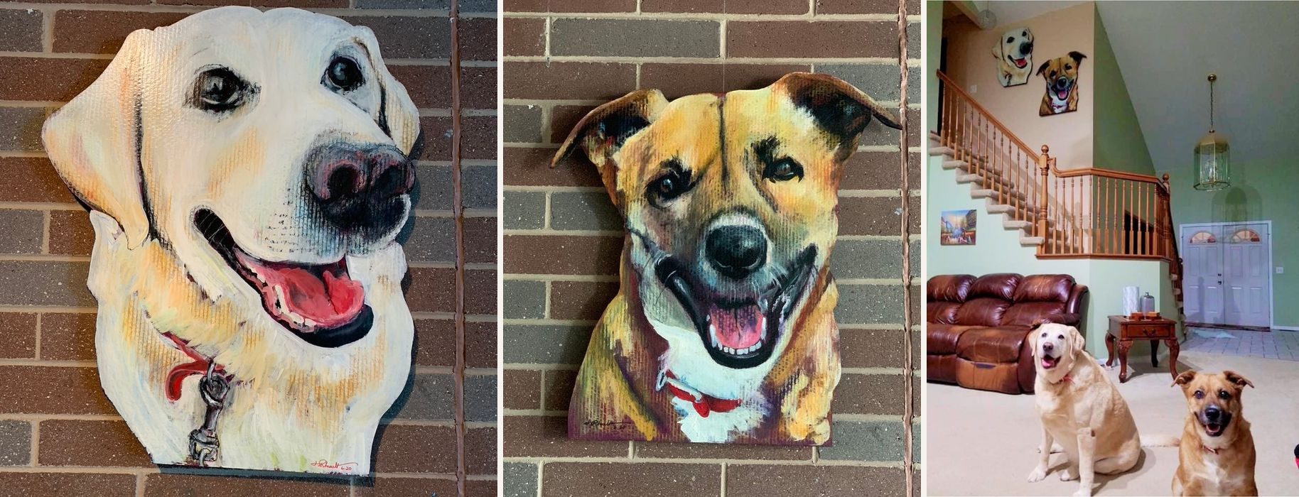 Two hand-cut and hand-painted dog portraits, a yellow Labrador and a tan and white dog, on a brick wall, and hanging on the stairwell wall of the owners home with both dogs sitting below
