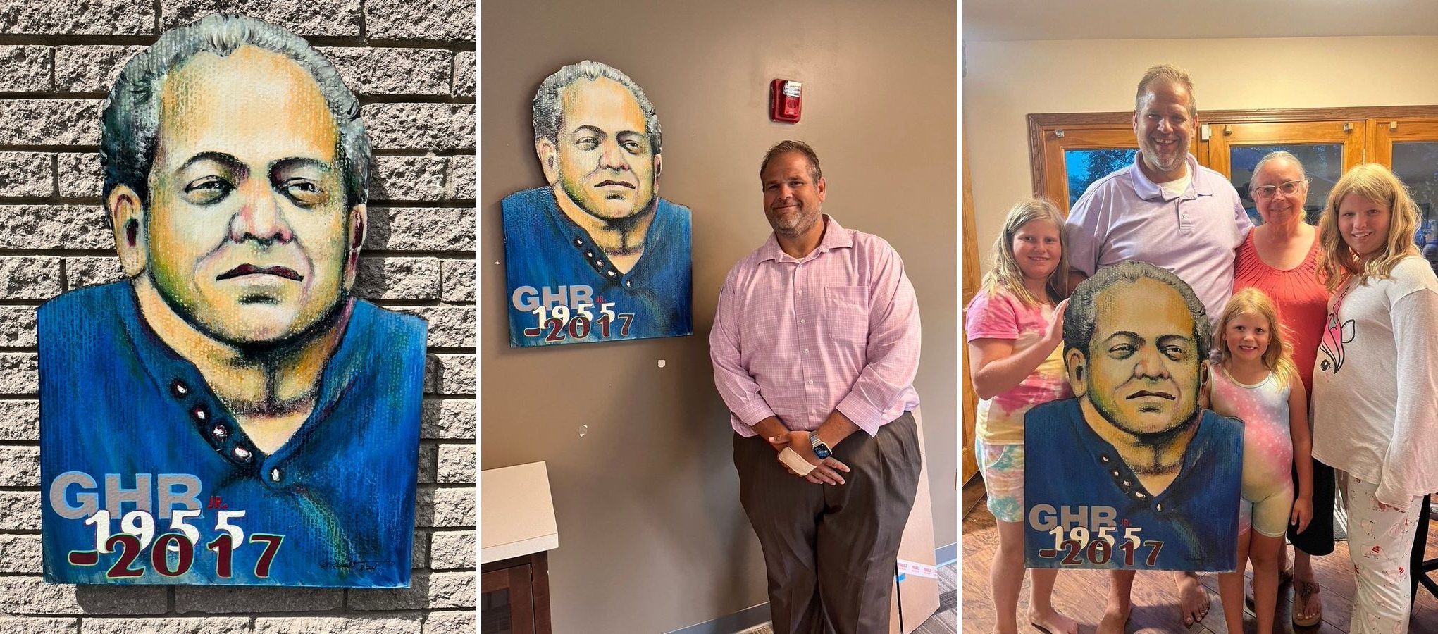 Three views of the hand-cut and hand-painted memorial portrait of George Remy, lettered GHR Jr. 1955 to 2017: a close-up on a brick wall, hanging in a customer’s office beside him, and held by his family at home