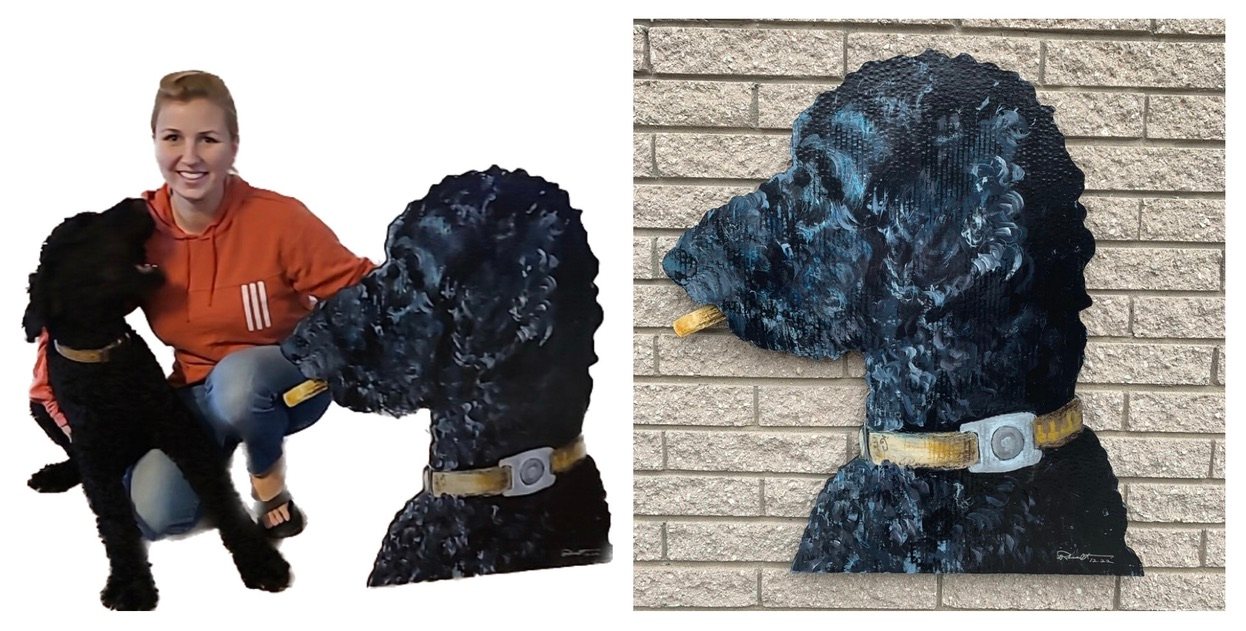 Hand-cut and hand-painted side profile portrait of Gerty, a black poodle with a yellow collar: held beside the owner and the real Gerty, and on a brick wall
