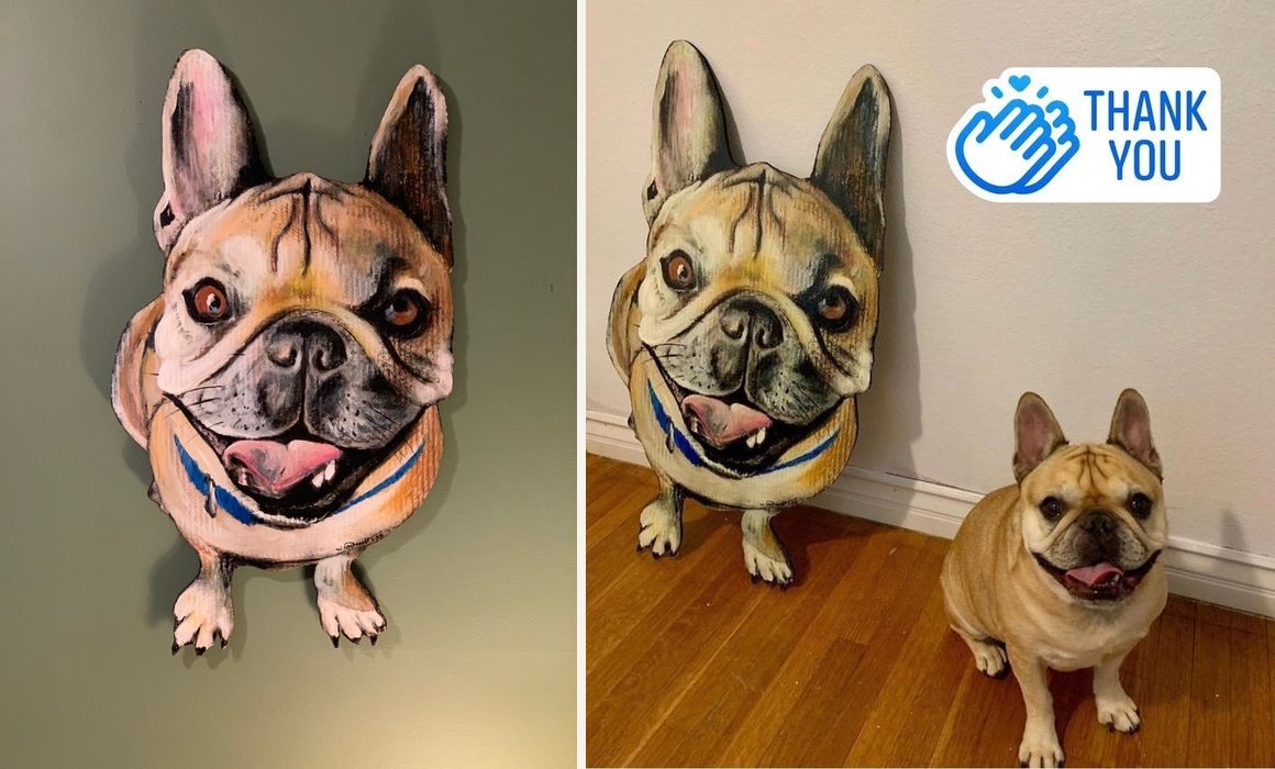 Hand-cut and hand-painted portrait of Henry, a smiling French bulldog with a blue collar, on a green wall, and standing on the floor beside the real Henry