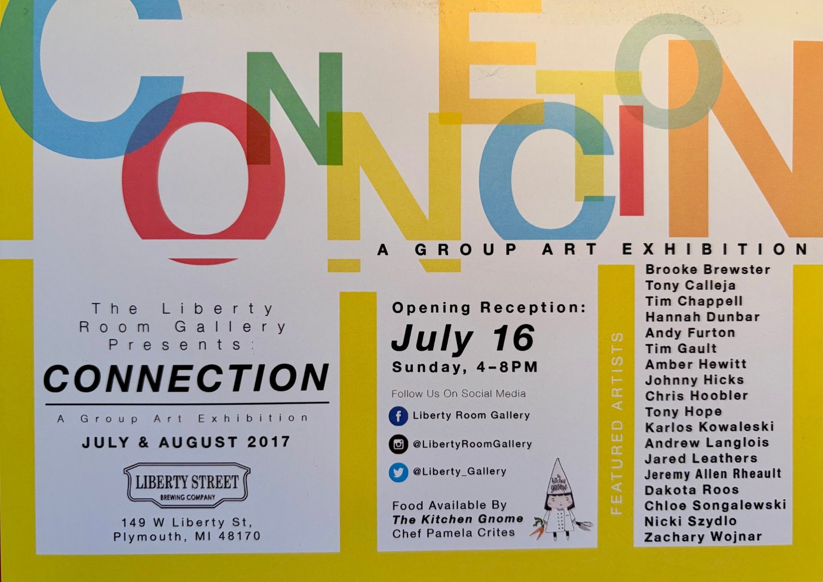 Flyer for Connection, a group art exhibition at the Liberty Room Gallery, Liberty Street Brewing Company, Plymouth, July and August 2017, with the opening reception on July 16 and the list of featured artists