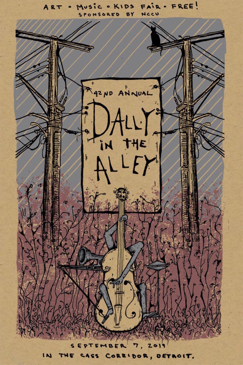 Poster for the 42nd annual Dally in the Alley, September 7, 2019, in the Cass Corridor, Detroit: a hand-drawn cello player in a field between two utility poles, with a cat on a crossbar