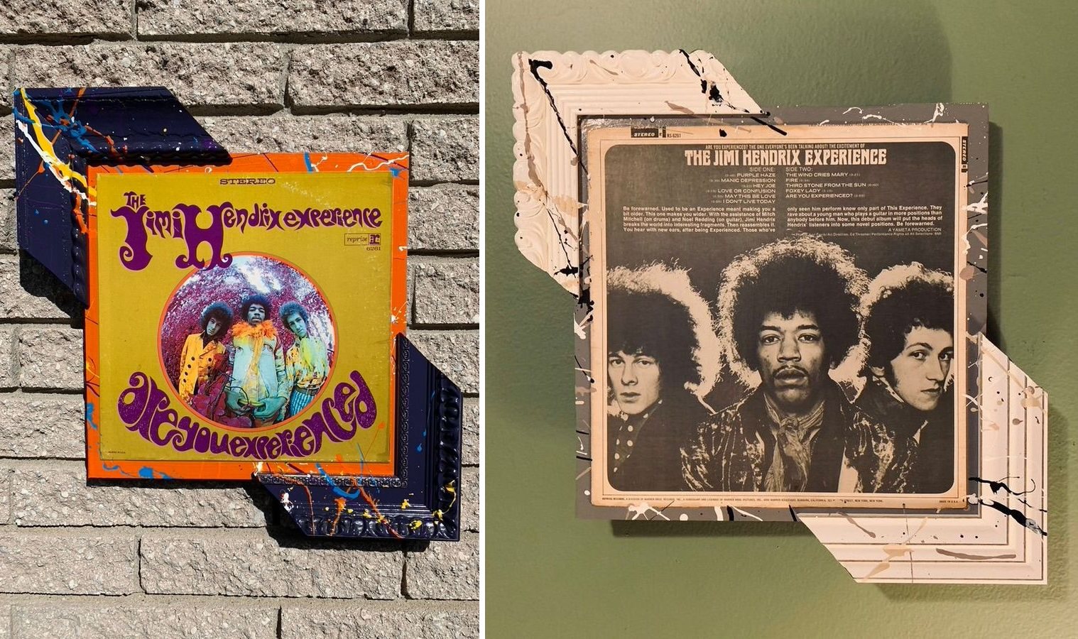 Jimi Hendrix Experience Are You Experienced album, hand-embellished: the colorful front cover in an orange and navy splatter-painted frame on a brick wall, and the black and white back cover in a cream frame on a green wall